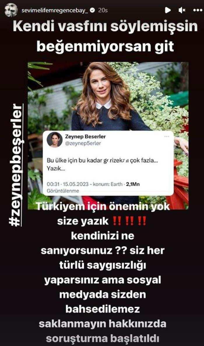 <p><strong><span style="color:#B22222">"BEĞENMİYORSAN GİT</span></strong></p>
<p><strong>"Kendi vasfını söylemişsin. Beğenmiyorsan git. Türkiye'm için önemin yok, size yazık! Kendinizi ne sanıyorsunuz? Siz her türlü saygısızlığı yaparsınız ama sosyal medyada sizden bahsedilemez. Saklanmayın, hakkınızda soruşturma başlatıldı."</strong></p>