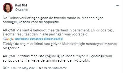 <p>Avrupa Parlamentosu eski Türkiye Raportörü Kati Piri, tek umudunu Kılıçdaroğlu'na bağlamıştı.</p> <p> </p> <p>Seçim tablosunu gördükten sonra hevesi kursağında kaldı.</p> 