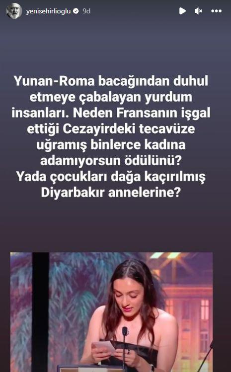 <p><span style="color:#000000"><strong>Ödül törenindeki anları paylaşan Yenişehirlioğlu, "Yunan-Roma bacağından duhul etmeye çabalayan yurdum insanları. Neden Fransa'nın işgal ettiği Cezayirdeki tecavüze uğramış binlerce kadına adamıyorsun ödülünü? Ya da çocukları dağa kaçırılmış Diyarbakır annelerine?" diyerek Dizdar'a yanıt verdi.</strong></span></p>
