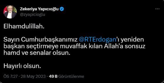 <p><strong>HÜDA PAR GENEL BAŞKANI ZEKERİYA YAPICIOĞLU:</strong></p>

<p><strong>"Elhamdülillah. Sayın Cumhurbaşkanımız Recep Tayyip Erdoğan'ı yeniden başkan seçtirmeye muvaffak kılan Allah'a sonsuz hamd ve senalar olsun."</strong></p>
