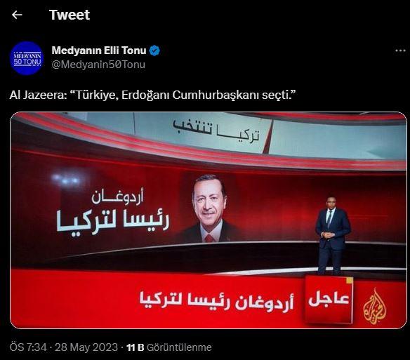 <p><strong>AL JAZEERA:</strong></p>

<p><strong>"Türkiye, Erdoğan'ı Cumhurbaşkanı seçti."</strong></p>
