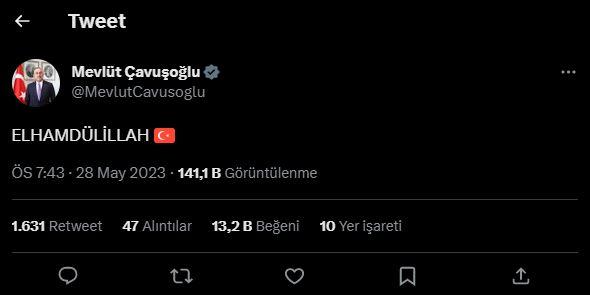 <p><strong>DIŞİŞLERİ BAKANI MEVLÜT ÇAVUŞOĞLU:</strong></p>

<p><strong>"Elhamdülillah."</strong></p>
