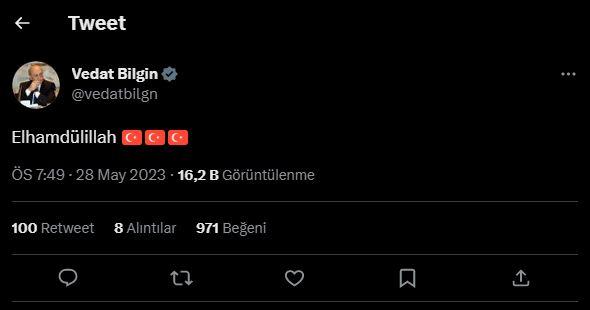 <p><strong>ÇALIŞMA VE SOSYAL POLİTİKLAR BAKANI VEDAT BİLGİN:</strong></p>

<p>"Elhamdülillah"</p>
