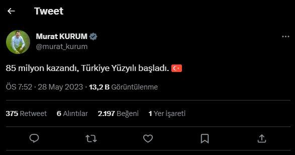 <p><strong>ÇEVRE, ŞEHİRCİLİK VE İKLİM DEĞİŞİKLİĞİ BAKANI MURAT KURUM:</strong></p>

<p>"85 milyon kazandı. Türkiye Yüzyılı başladı."</p>

