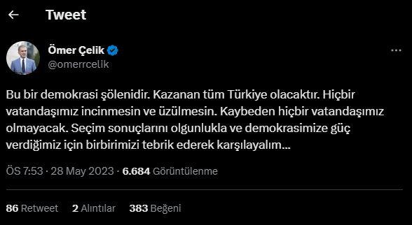 <p><strong>AK PARTİ SÖZCÜSÜ ÖMER ÇELİK:</strong></p>

<p><strong>"Bu bir demokrasi şölendir. Kazanan tüm Türkiye olacaktır. Hiçbir vatandaşımız incinmesin ve üzülmesin. Kaybeden hiçbir vatandaşımız olmayacak. Seçim sonuçlarını olgunlukla ve demokrasimize güç verdiğimiz için birbirimizi tebrik ederek karşılayalım.</strong></p>
