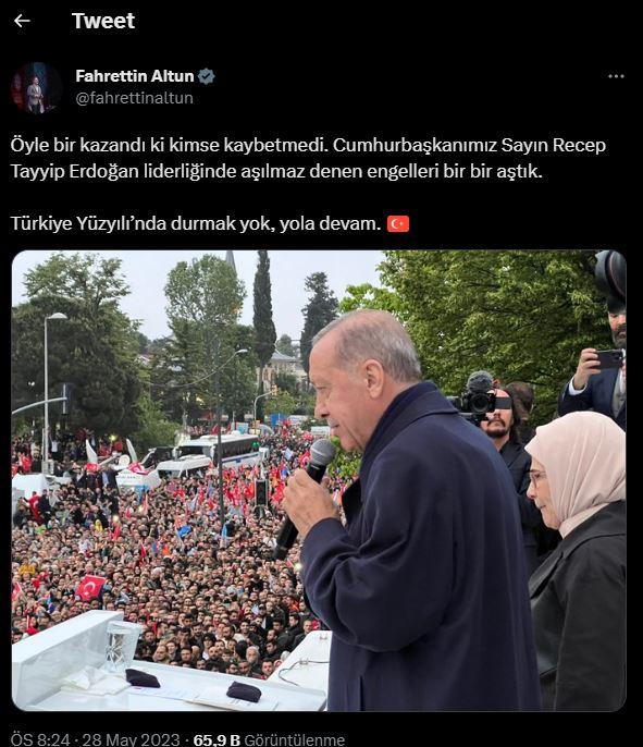 <p><strong>CUMHURBAŞKANLIĞI İLETİŞİM BAŞKANI FAHRETTİN ALTUN:</strong></p>

<p><strong>"Öyle bir kazandı ki kimse kaybetmedi. Cumhurbaşkanımız Sayın Recep Tayyip Erdoğan liderliğinde aşılmaz denen engelleri bir bir aştık. Türkiye Yüzyılı’nda durmak yok, yola devam."</strong></p>
