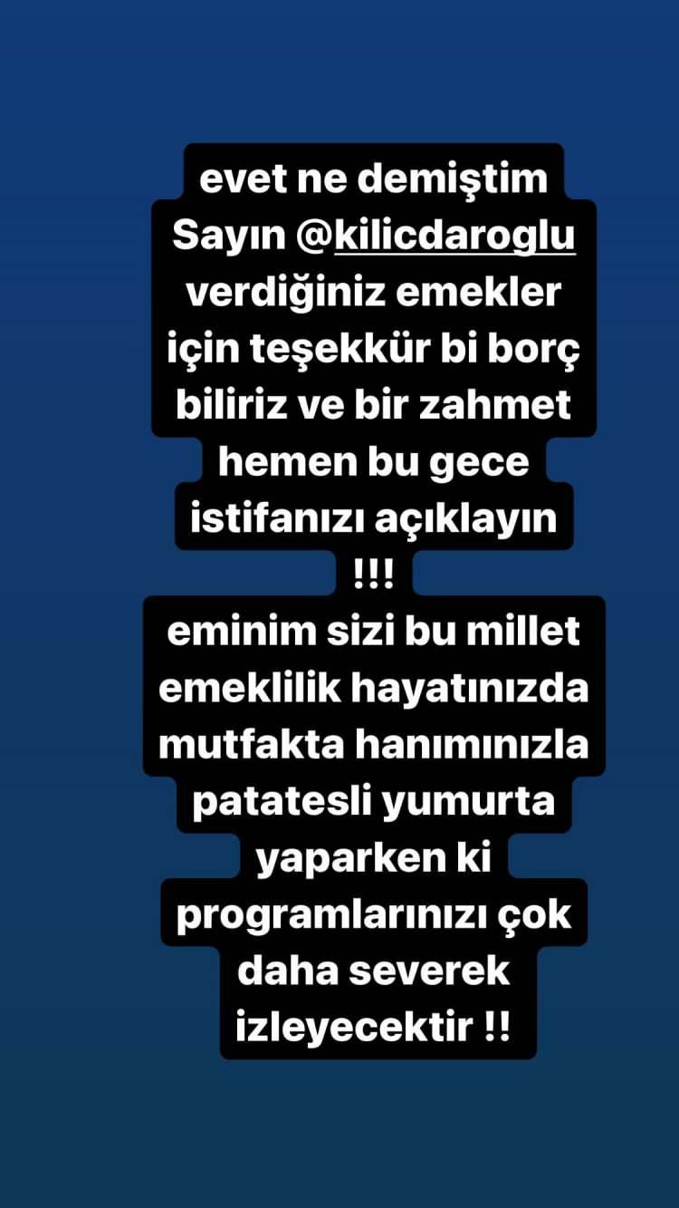 <p><span style="color:#800000"><strong>"İSTİFANIZI AÇIKLAYIN"<br />
Instagram hesabından Kılıçdaroğlu'na seslenen Karel, "Evet ne demiştim sayın Kılıçdaroğlu verdiğiniz emekler için teşekkürü bir borç biliriz ve bir zahmet hemen bu gece istifanızı açıklayın! Eminim sizi bu millet emeklilik hayatınızda mutfakta hanımınızla patatesli yumurta yaparken ki programlarınızı çok daha severek izleyecektir" ifadelerini kullandı.</strong></span></p>
