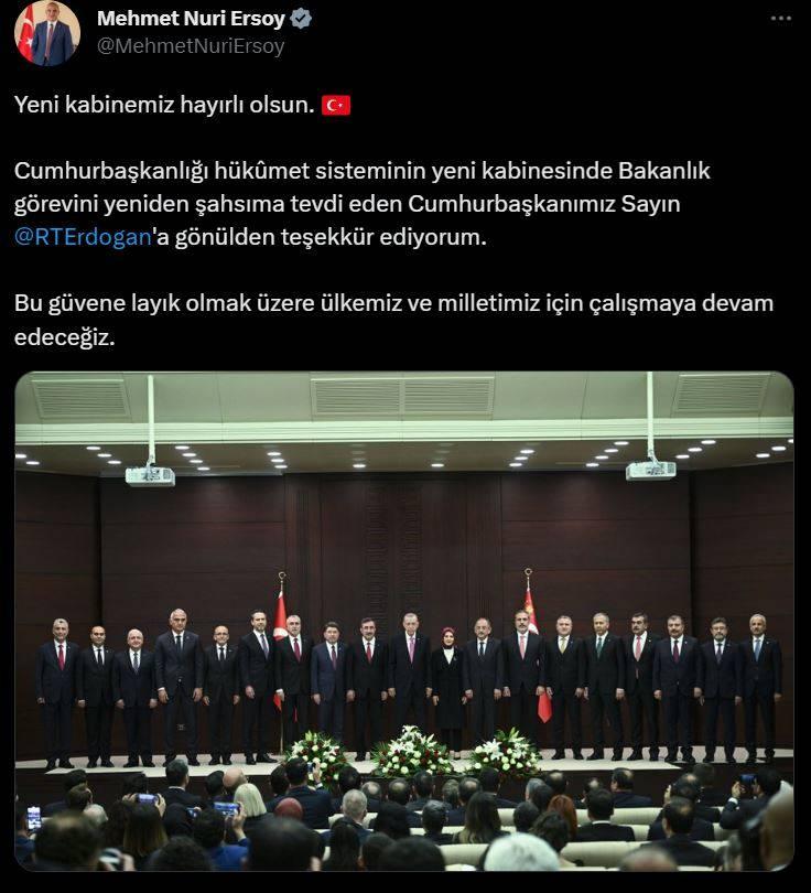 <p>Cumhurbaşkanlığı Kabinesinde görevine devam edecek olan Kültür ve Turizm Bakanı Mehmet Nuri Ersoy, bu güvene layık olmak üzere ülke ve millet için çalışmaya devam edeceğini bildirdi.</p>
<p>"Yeni kabinemiz hayırlı olsun. Cumhurbaşkanlığı Hükümet Sisteminin yeni kabinesinde Bakanlık görevini yeniden şahsıma tevdi eden Cumhurbaşkanımız Sayın Recep Tayyip Erdoğan'a gönülden teşekkür ediyorum. Bu güvene layık olmak üzere ülkemiz ve milletimiz için çalışmaya devam edeceğiz."</p>
