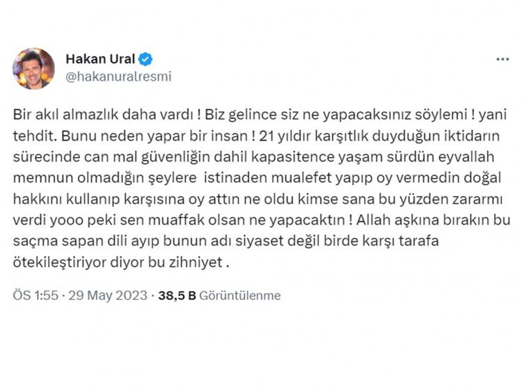 <p><em><span style="color:rgb(0, 0, 128)"><strong>"Bir akıl almazlık daha vardı! Biz gelince siz ne yapacaksınız söylemi! Yani tehdit. Bunu neden yapar bir insan! 21 yıldır karşıtlık duyduğun iktidarın sürecinde can mal güvenliğin dahil kapasitence yaşam sürdün eyvallah memnun olmadığın şeylere istinaden muhalefet yapıp oy vermedin doğal hakkını kullanıp karşısına oy attın ne oldu kimse sana bu yüzden zarar mı verdi? Yooo peki sen muvaffak olsan ne yapacaktın! Allah aşkına bırakın bu saçma sapan dili ayıp bunun adı siyaset değil bir de karşı tarafa ötekileştiriyor diyor bu zihniyet.</strong></span></em></p>