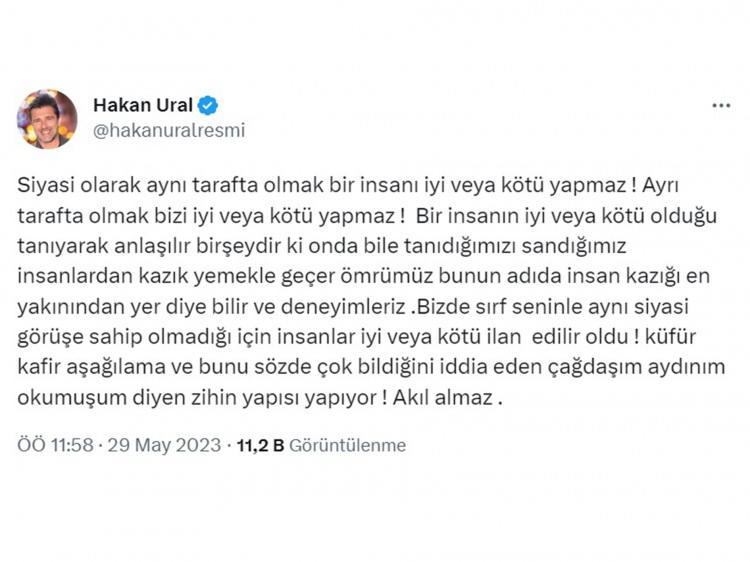 <p><em><span style="color:rgb(0, 0, 128)"><strong>"Siyasi olarak aynı tarafta olmak bir insanı iyi veya kötü yapmaz! Ayrı tarafta olmak bizi iyi veya kötü yapmaz! Bir insanın iyi veya kötü olduğu tanıyarak anlaşılır bir şeydir ki onda bile tanıdığımızı sandığımız insanlardan kazık yemekle geçer ömrümüz bunun adı da insan kazığı en yakınından yer diye bilir ve deneyimleriz. Biz de sırf seninle aynı siyasi görüşe sahip olmadığı için insanlar iyi veya kötü ilan edilir oldu! Küfür kafir aşağılama ve bunu sözde çok bildiğini iddia eden çağdaşım aydınım okumuşum diyen zihin yapısı yapıyor! Akıl almaz."</strong></span></em></p>