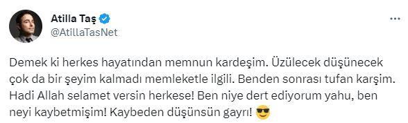 <p><span style="color:#000000"><strong>Toplumun iradesiyle elde edilen zaferi yok sayan Taş, "Demek ki herkes hayatından memnun kardeşim. Üzülecek düşünecek çok da bir şeyim kalmadı memleketle ilgili. Benden sonrası tufan karşim. Hadi Allah selamet versin herkese! Ben niye dert ediyorum yahu, ben neyi kaybetmişim! Kaybeden düşünsün gayrı!" şeklinde paylaşımda bulundu. </strong></span></p>
