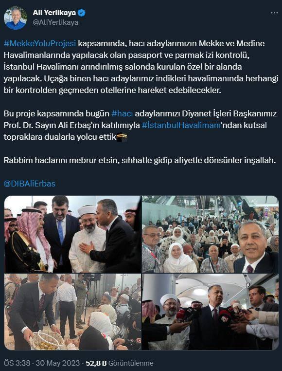 <p>- "İSTANBUL HAVALIMANI'MIZDA MEKKE YOLU DİYE ÖZEL BİR YER YAPILDI"</p>
<p>İstanbul Valisi Ali Yerlikaya, İstanbul Havalimanı'nda iki ülke arasında dostane ve kardeşlik duygusu içerisinde yapılan işbirliği ile çok önemli bir projenin hayata geçirildiğini söyledi.</p>