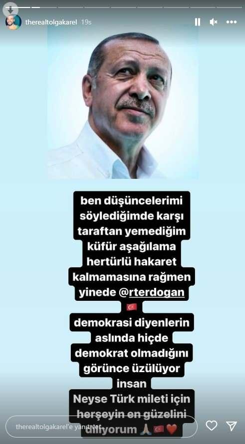 <p><span style="color:#800000"><strong>"DÜŞÜNCELERİMİ SÖYLEDİĞİMDE YEMEDİĞİM KÜFÜR KALMIYOR"<br />
Karel, Erdoğan'ı desteklediği paylaşımında da "Ben düşüncelerimi söylediğimde karşı taraftan yemediğim küfür, aşağılama, her türlü hakaret kalmamasına rağmen yine de Recep Tayyip Erdoğan. Demokrasi diyenlerin aslında hiç de demokrat olmadığını görünce üzülüyor insan. Neyse Türk milleti için her şeyin en güzelini diliyorum" dedi.</strong></span></p>