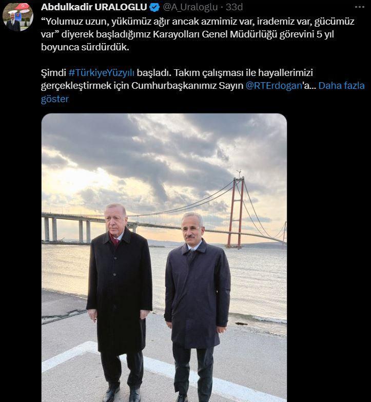 <p>Sosyal medya hesabından yaptığı paylaşımda, "Yolumuz uzun, yükümüz ağır ancak azmimiz var, irademiz var, gücümüz var" diyerek başladığı Karayolları Genel Müdürlüğü görevini 5 yıl boyunca sürdürdüğünü belirten Uraloğlu, şimdi Türkiye Yüzyılı'nın başladığını vurguladı.</p>
<p>Uraloğlu, şunları kaydetti:</p>
<p>"Takım çalışması ile hayallerimizi gerçekleştirmek için Cumhurbaşkanımız Sayın Recep Tayyip Erdoğan'a yakın yol arkadaşı olduk. Yolumuz şimdi daha zorlu, yükümüz daha ağır. Ancak irademiz daha kuvvetli, azmimiz daha fazla ve ülke olarak kaybedeni olmayan bir zaferle, Allah'ın izniyle daha güçlüyüz. Beni öncelikle Karayolları Genel Müdürlüğü, şimdi de Ulaştırma ve Altyapı Bakanlığı görevine layık gören Cumhurbaşkanımız Sayın Recep Tayyip Erdoğan'a şükranlarımı arz ediyorum. Rabbim ülkemize, milletimize hayırlı hizmetler yapmayı nasip eylesin."</p>