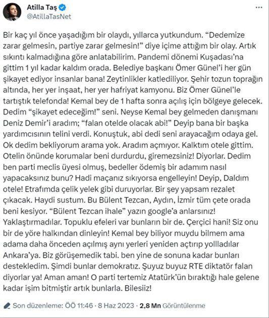 <p><strong><span style="color:#B22222">"GOOGLE'A B&Uuml;LENT TEZCAN YAZIN ANLARSINIZ"</span></strong><br />
<strong>Otelin &ouml;n&uuml;nde korumaların kendisini durdurduğunu s&ouml;yleyen Taş, <span style="color:#B22222">"Dedim ben parti meclis &uuml;yesi olmuş, bedeller &ouml;demiş bir adamım nasıl yapacaksınız bunu? Hadi ma&ccedil;anız sıkıyorsa engelleyin! Deyip, Daldım otele! Etrafımda &ccedil;elik yelek gibi duruyorlar. Bir şey yapsam rezalet &ccedil;ıkacak. Haydi sustum. Bu B&uuml;lent Tezcan, Aydın, İzmir t&uuml;m &ccedil;ete orada beni kesiyor. &ldquo;B&uuml;lent Tezcan ihale&rdquo; yazın google&rsquo;a anlarsınız! Yaklaştırmadılar. Topuklu efeleri var bunların bir de. &Ccedil;er&ccedil;ici hani! Siz onu bir de y&ouml;re halkından dinleyin! Kemal bey biliyor muydu bilmem ama adama daha &ouml;nceden a&ccedil;ılmış aynı yerleri yeniden a&ccedil;tırıp yollladılar Ankara&rsquo;ya. Biz g&ouml;r&uuml;şemedik tabi. ben yine de sonuna kadar bunları destekledim. Şimdi bunlar demokratız. Şuyuz buyuz RTE diktat&ouml;r falan diyorlar ya! Aman aman! O parti tertemiz Atat&uuml;rk&rsquo;&uuml;n bıraktığı hale gelene kadar işim bitmiştir artık bunlarla."</span> a&ccedil;ıklamasında bulundu.</strong></p>
