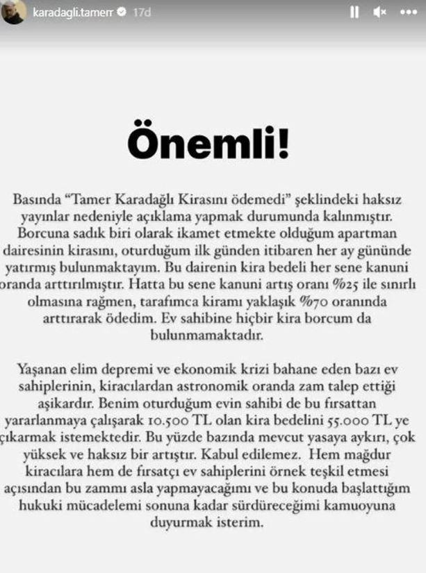 <p><strong>"Yaşanan elim depremi ve ekonomik krizi bahane eden bazı ev sahiplerinin, kiracılardan astronomik oranda zam talep ettiği aşikardır. Benim oturduğum evin sahibi de bu fırsattan yararlanmaya çalışarak 10 bin 500 TL olan kira bedelini 55 bin TL ye çıkarmak istemektedir. Bu yüzde bazında mevcut yasaya aykırı, çok yüksek ve haksız bir artıştır. Kabul edilemez. Hem mağdur kiracılara hem de fırsatçı ev sahiplerini örnek teşkil etmesi açısından bu zammı asla yapmayacağım ve bu konuda başlattığım hukuki mücadelemi sonuna kadar sürdüreceğimi kamuoyuna duyurmak isterim."</strong></p>
