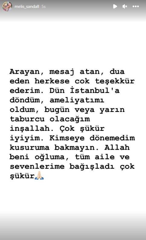 <p><strong>Sütşurup, Instagram hesabından<span style="color:#B22222"> "Arayan, mesaj atan, dua eden herkese çok teşekkür ederim. Dün İstanbul'a döndüm, ameliyatımı oldum, bugün veya yarın taburcu olacağım inşallah. Çok şükür iyiyim. Kimseye dönemedim kusuruma bakmayın. Allah beni oğluma, tüm aile ve sevenlerime bağışladı çok şükür."</span> açıklamasında bulundu.</strong></p>
