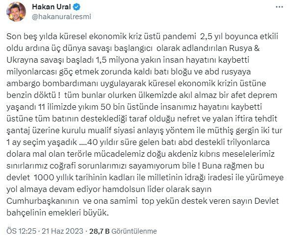 <p><em><span style="color:#4B0082"><strong>"Tüm bunlar olurken ülkemizde akılalmaz bir afet deprem yaşandı. 11 ilimizde yıkım, 50 bin üstünde insanımız hayatını kaybetti. Üstüne tüm batının desteklediği taraf olduğu nefret ve yalan iftira tehdit şantaj üzerine kurulu muhalif siyasi anlayış yöntem ile müthiş gergin iki tur 1 ay seçim yaşadık... 40 yıldır süre gelen batı ABD destekli trilyonlarca dolara mal olan terörle mücadelemiz Doğu Akdeniz, Kıbrıs meselelerimiz; sınırlarımız... Coğrafi sorunlarımızı sayamıyorum bile! Buna rağmen bu devlet 1000 yıllık tarihinin kodları ile milletinin idrakı iradesi ile yürümeye yol almaya devam ediyor. Hamdolsun lider olarak sayın Cumhurbaşkanı'nın ve ona samimi topyekün destek veren sayın Devlet Bahçelinin emekleri büyük."</strong></span></em></p>
<p> </p>