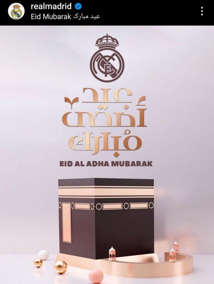 <p><span style="color:#000080"><strong>Real Madrid, Kurban Bayramı'nın birinci günü </strong></span><span style="color:#8B4513"><strong>"Eid Mubarak"</strong></span><span style="color:#000080"><strong> paylaşımıyla Müslümanların Kurban Bayramı'nı Kabe görseliyle kutladı. Real Madrid'in tebrik mesajı sosyal medyada takdir topladı. </strong></span></p>
<p> </p>