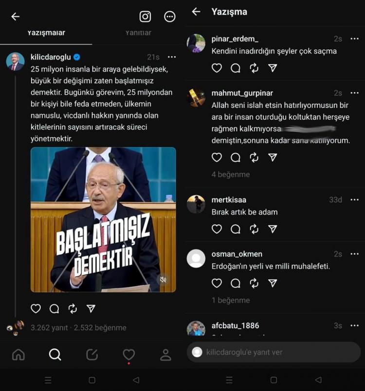 <div>Kılıçdaroğlu'nun paylaşımına yanıt veren binlerce kişi, 'İstifa et' çağrısında bulundu. İşte o paylaşım ve gelen yorumlardan bazıları:</div>

<div> </div>
