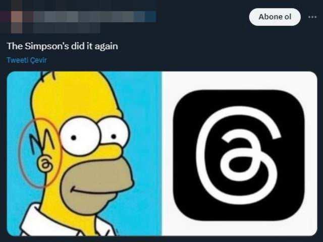 <p><span style="color:#000000"><strong>Homer Simpson'ın Threads logosuna benzerlik taşıyan kulak memesine vurgu yapan kullanıcı paylaşımında ise "Simpsonlar yine yaptı" ifadesini kullandı.</strong></span></p>

<p> </p>
