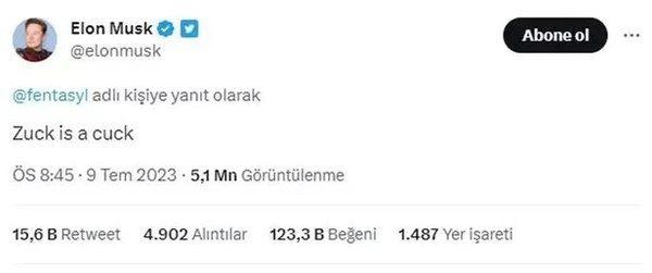 <p><span style="color:#FF0000"><em><strong>AĞZA ALINMAYACAK HAKARETLER ETMİŞTİ!</strong></em></span></p>
<p><span style="color:#000000"><strong>Elon Musk resmi Twitter hesabı üzerinden Zuckerberg'i hedef alarak "'Zuck tam bir ga..t'' ifadelerini kullandı. Yakışıksız ifadelerle Zuckerber'e seslenen Musk'ın bu hareketi tepkilere yol açtı.</strong></span></p>
<p> </p>
