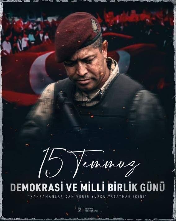 <p>TRABZONSPOR</p>

<p>"15 Temmuz hain darbe girişimine karşı vatan müdafaası yolunda canını veren tüm şehitlerimizi saygı ve rahmetle anıyoruz"</p>
