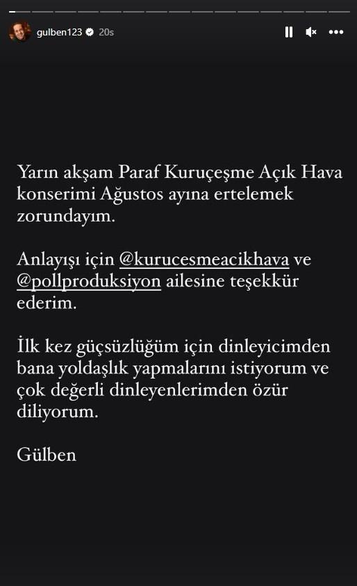<p><span style="color:#000080"><strong>Kuruçeşme'de gerçekleşmesi beklenen konserini ertelediğini duyuran Ergen, </strong></span><span style="color:#8B4513"><strong>"İlk kez güçsüzlüğüm için dinleyicilerimden bana yoldaşlık yapmalarını istiyorum ve çok değerli dinleyenlerimden özür diliyorum"</strong></span><span style="color:#000080"><strong> ifadelerini kullandı.</strong></span></p>