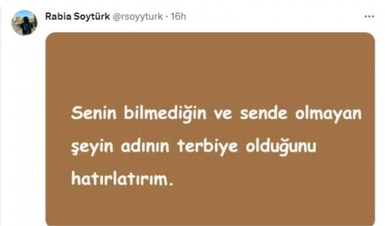 <p><span style="color:#000000"><strong>Sosyal medya hesabından paylaşımda bulunarak tepkisini dile getiren Soytürk, "Senin bilmediğin ve sende olmayan şeyin adının terbiye olduğunu hatırlatırım" ifadelerini kullandı.</strong></span></p>