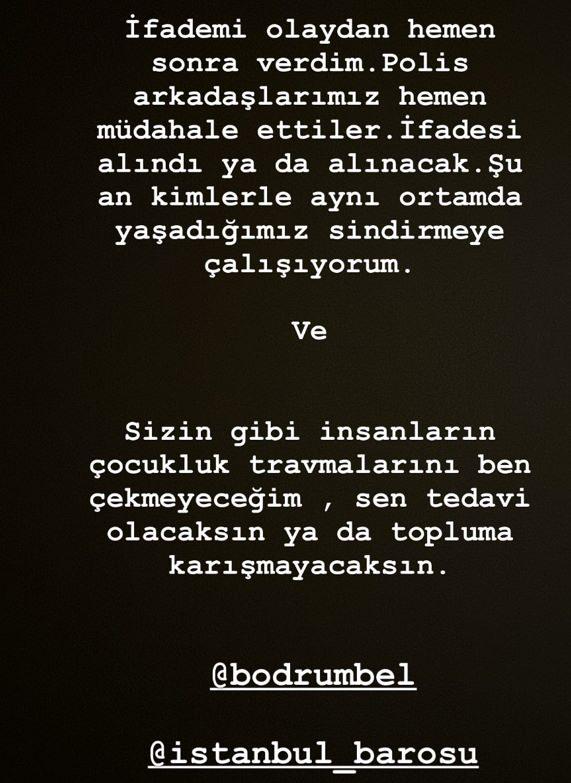 <p><span style="color:#FF0000"><strong>"TEDAVİ OLACAKSIN YA DA TOPLUMA KARIŞMAYACAKSIN"</strong></span></p>
<p><span style="color:#000000"><strong>Başına gelen bu korkunç durumu adliyeye taşıyacağını duyuran ünlü isim, Bodrum Belediyesi ve İstanbul Adliyesi’ni etiketleyerek sözlerini şöyle sürdürdü:</strong></span></p>
<p><span style="color:#000000"><strong>"İfademi olaydan hemen sonra verdim. Polis arkadaşlarımız hemen müdahale ettiler, ifadesi alındı ya da alınacak. Şu an kimlerle aynı ortamda yaşadığımızı sindirmeye çalışıyorum. Sizin gibi insanların çocukluk travmalarını ben çekmeyeceğim. Sen tedavi olacaksın ya da topluma karışmayacaksın…</strong></span></p>