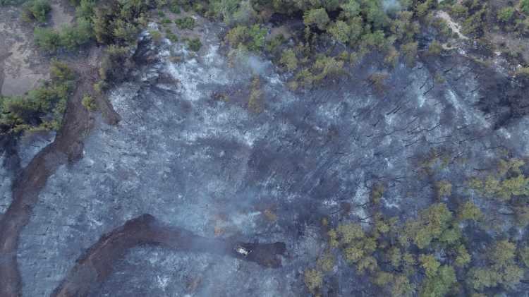<p>Öte yandan, yaklaşık 9 saattir süren yangında son durum, Anadolu Ajansı (AA) ekibi tarafından havadan dron ile görüntülendi.</p>