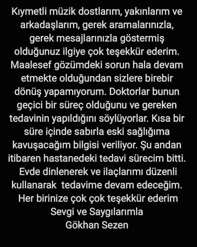 <p><span style="color:#B22222"><strong>SAĞLIK DURUMUYLA İLGİLİ YENİ AÇIKLAMA!</strong></span></p>

<p><strong>Ünlü şarkıcı sosyal medya hesabından gözündeki problem devam ettiğini evde dinlenerek ilaçlarını düzeni kullanarak hastalığı atlatacağını ifade etti. </strong></p>
