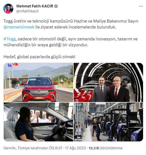 <p>Kacır, eski adı Twitter olan X sosyal medya platformu hesabından yaptığı paylaşımda, Togg üretim ve teknoloji kampüsünü Hazine ve Maliye Bakanı Mehmet Şimşek ile ziyaret ederek incelemelerde bulunduklarını ifade etti.</p>
