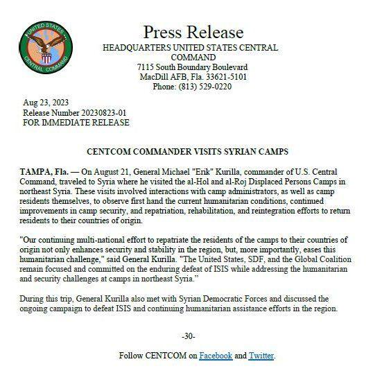<p>ABD Merkez Kuvvetler Komutanlığından (CENTCOM) yapılan yazılı açıklamada, Kurilla'nın, 21 Ağustos'ta Suriye'ye ziyaret gerçekleştirdiği ve belirtilen iki kampa gittiği aktarıldı.</p>

