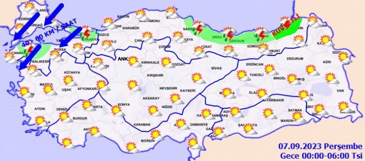 <div><strong>İÇ ANADOLU</strong></div>

<div> </div>

<div> </div>

<div>Parçalı ve az bulutlu, Eskişehir çevreleri ile Ankara'nın kuzeybatı kesimlerinin yerel olmak üzere sağanak ve gök gürültülü sağanak yağışlı geçeceği tahmin ediliyor.</div>

<div> </div>

<div>ANKARA 17°C, 30°C</div>

<div> </div>

<div>Parçalı bulutlu, kuzeybatı kesimleri yarın (Perşembe) öğle saatlerinden sonra yerel olmak üzere sağanak ve gök gürültülü sağanak yağışlı</div>

<div> </div>

<div>ESKİŞEHİR 18°C, 30°C</div>

<div> </div>

<div>Parçalı bulutlu, yarın (Perşembe) öğle saatlerinden sonra yerel olmak üzere sağanak ve gök gürültülü sağanak yağışlı</div>

<div> </div>

<div>KONYA 20°C, 31°C</div>

<div> </div>

<div>Parçalı ve az bulutlu</div>

<div> </div>

<div>SİVAS 14°C, 29°C</div>

<div> </div>

<div>Parçalı ve az bulutlu</div>

