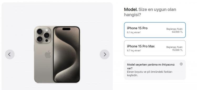 <p><strong>İPHONE 15 PRO-PRO MAX TÜRKİYE FİYATI</strong><br />
<br />
Titanyum kasaya sahip iPhone 15 Pro'nun Türkiye fiyatı 64.999 TL olarak açıklandı.</p>
<p>iPhone 15 Pro (128GB) – 64.999 TL<br />
<br />
iPhone 15 Pro (256GB) – 68.999 TL<br />
<br />
iPhone 15 Pro (512GB) – 76.999 TL<br />
<br />
iPhone 15 Pro (1TB) – 84.999 TL</p>
<p> </p>