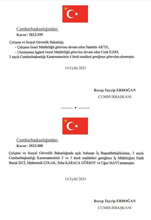 <p>Çalışma ve Sosyal Güvenlik Bakanlığında Sosyal Güvenlik Kurumu Başkan Yardımcısı ve Yönetim Kurulu Üyesi İsmail Ertüzün, Kültür ve Turizm Bakanlığında Devlet Opera ve Balesi Genel Müdürü Bedri Tan Sağtürk oldu.</p>
<p> </p>