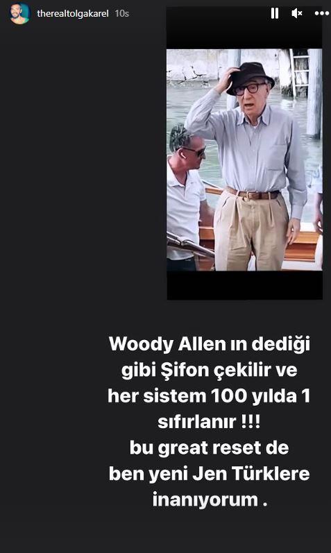 <p><span style="color:#000000"><strong>Tolga Karel sözlerine</strong></span></p>

<p>"<span style="color:#B22222">Woody Allen'ın dediği gibi sifon çekilir ve her sistem 100 yılda 1 sıfırlanır!!! Bu great reset de ben yeni Jen Türk'lere inanıyorum.</span></p>
