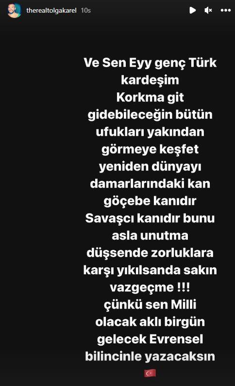 <p><span style="color:#000000"><strong>"DAMARLARINDAKİ KAN GÖÇEBE KANDIR"</strong></span></p>

<p><span style="color:#B22222">Ve sen Eyy Türk kardeşim korkma git gidebileceğin bütün ufuklara yakından görmeye keşfet yeniden dünyayı, damarlarındaki kan göçebe kandır. Savaşçı kanıdır bunu asla unutma düşsende zorluklara karşı yıkılsanda sakın vazgeçme!!! Çünkü sen Milli olacak aklı bir gün gelecek evrensel bilincinle yazacaksın" </span></p>
