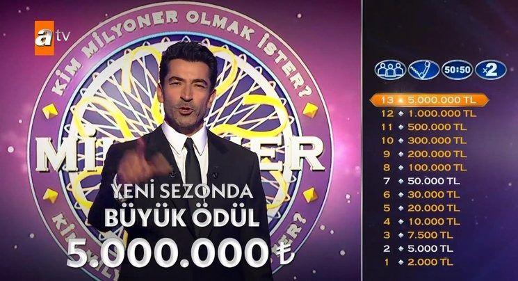 <p><span style="color:#0000CD"><strong>İzleyenleri ekrana kilitleyen yarışma programında en yüksek para ödülü</strong></span><strong> 5 milyon TL</strong><span style="color:#0000CD"><strong>'ye yükselirken, bu meblağ yarışmaya </strong></span><strong>13. soru</strong><span style="color:#0000CD"><strong> olarak ilave edildi.</strong></span></p>