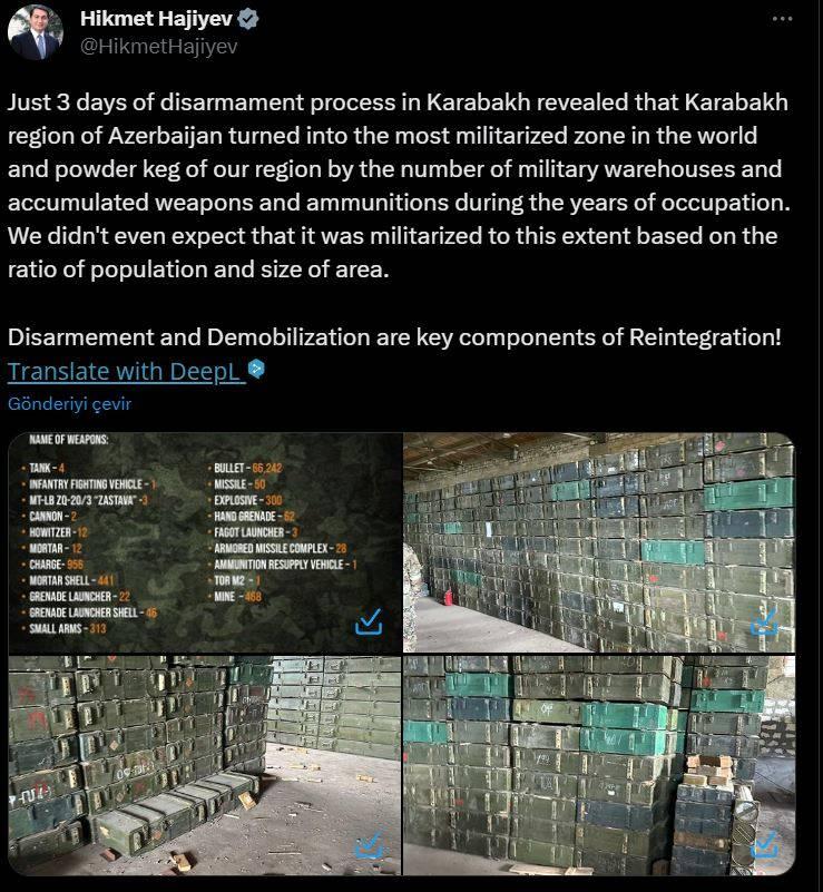 <p>- KARABAĞ BARUT FIÇISINA DÖNÜŞTÜRÜLMÜŞ</p>
<p>Azerbaycan Cumhurbaşkanı Müşaviri Hikmet Hacıyev X hesabından konuya ilişkin yaptığı paylaşımda, işgal döneminde Karabağ'ın barut fıçısına dönüştürüldüğünü belirtti.</p>
<p> </p>