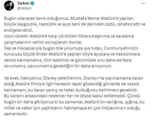 <p><strong>"Bugün utanarak tanık olduğumuz, Mustafa Kemal Atatürk’e yapılan büyük saygısızlık, hadsizlik ve ayıp beni de derinden üzdü, rahatsız etti ve endişelendirdi.</strong></p>

<p><strong>Uzun süredir Atatürk’e karşı yürütülen itibarsızlaştırma ve karalama çalışmalarının vahim sonuçlarıdır bunlar. </strong></p>

<p><strong>İlke ve inkılaplarıyla bugün bile yolumuza ışık tutan, Cumhuriyetimizin kurucusu büyük önder Atatürk’e yapılan böyle ayıplara ve haksızlıklara sessiz kalmamamız, tüm kalbimiz ve gücümüzle onu daha da fazla korumamız, savunmamız gerektiğini bir daha anlıyorum." </strong></p>
