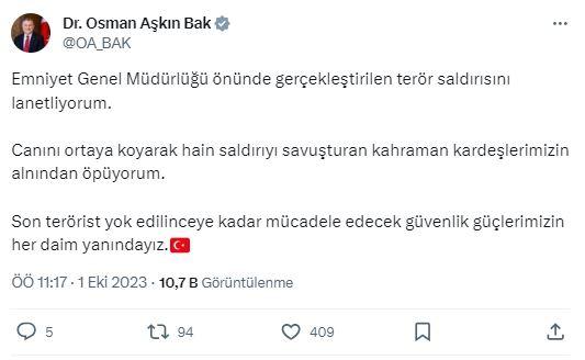 <p>Gençlik ve Spor Bakanı Osman Aşkın Bak, sosyal medya hesabından yaptığı paylaşımda, "Saldırıyı lanetliyorum" ifadesi kullandı.</p>
