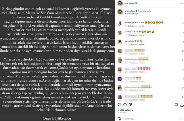 <p><span style="color:#000000"><em><strong>Merve ve Seda'yı görmediniz ve duymadınız. Bu acıları yaşayan birçok meslektaşım var. Artık değişin, artık aynı insanlar dışında başka insanlara da şans verin. Kilolu dersiniz, komedi oynadı dram oynayamaz dersiniz dersiniz de dersiniz. Bu ülkede sürekli komedi oynayıp sonra öyle dram işler çekip oyunculuğunu gösteren muhteşem yetenekli dostlarım var. Yıllarca okumuş, eğitimi almış insanları yok saymayın. </strong></em></span></p>