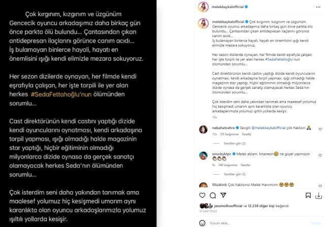 <p><em><span style="color:#000000"><strong>Cast direktörünün kendi castını yaptığı dizide kendi oyuncularını oynatması, kendi arkadaşına torpil yapması, ışığı olmadığı halde magazinin star yaptığı, hiçbir eğitiminin olmadığı milyonlarca dizide oynasa da gerçek sanatçı olamayacak herkes Seda'nın ölümünden sorumlu… Çok isterdim seni daha yakından tanımak ama maalesef yolumuz hiç kesişmedi umarım aynı karanlıkta olan oyuncu arkadaşlarımızla yolumuz ışıltılı yollarda kesişir" </strong></span></em><span style="color:#000000"><strong>dedi.</strong></span></p>