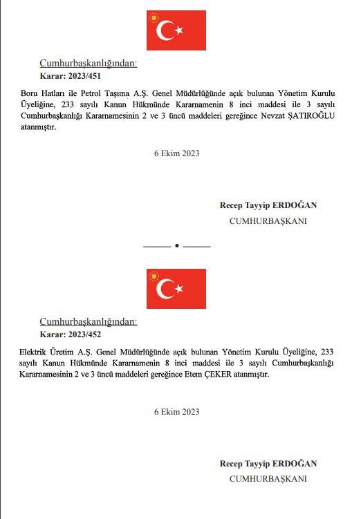<p>Boru Hatları ile Petrol Taşıma A.Ş. Genel Müdürlüğü'nde açık bulunan Yönetim Kurulu Üyeliğine Nevzat Şatıroğlu, Elektrik Üretim A.Ş. Genel Müdürlüğü'nde açık bulunan Yönetim Kurulu Üyeliğine Etem Çeker, </p>