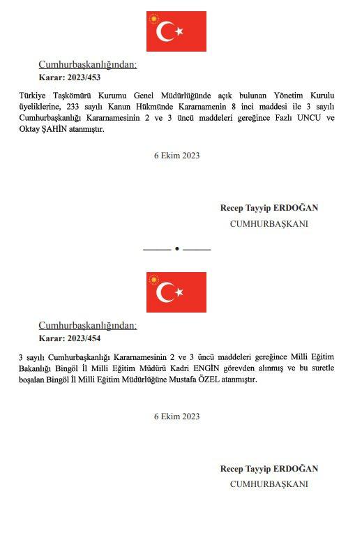 <p>Türkiye Taşkömürü Kurumu Genel Müdürlüğü'nde açık bulunan Yönetim Kurulu üyeliklerine Fazlı Uncu ve Oktay Şahin, Bingöl İl Milli Eğitim Müdürlüğüne Mustafa Özel atandı. </p>