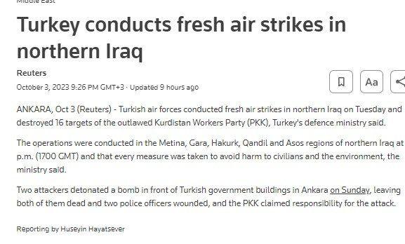 <p>Irak'ın kuzeyinde gerçekleştirilen operasyon ise dünya basınında geniş ilgi buldu. Reuters haber ajansı <strong>"Türkiye, Kuzey Irak'a hava saldırısı düzenledi"</strong> başlıklı bir haber yayımladı ve terör örgütü PKK hedeflerinin imha edildiğini söyledi.</p>