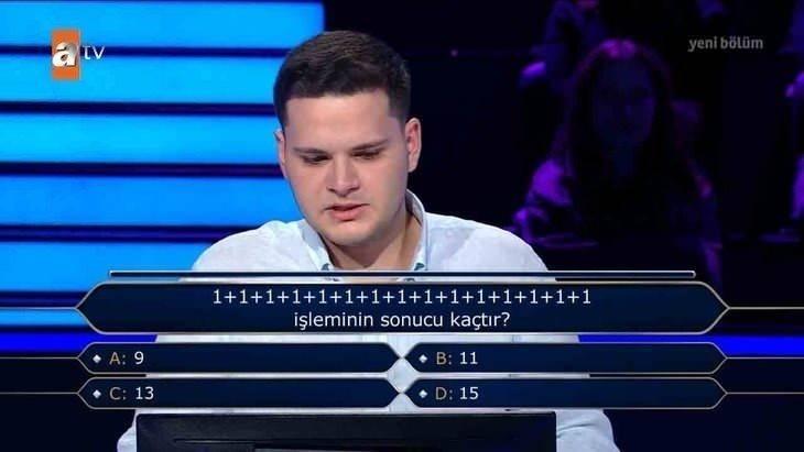 <p>Ahmet Talha Dağlı adlı yarışmacı başarılı bir performans sergileyerek 1 milyonluk soruya ulaştı. Eğer doğru yanıtı verirse 5 milyonluk soruyu da açtırabilecek.</p>
<p> </p>