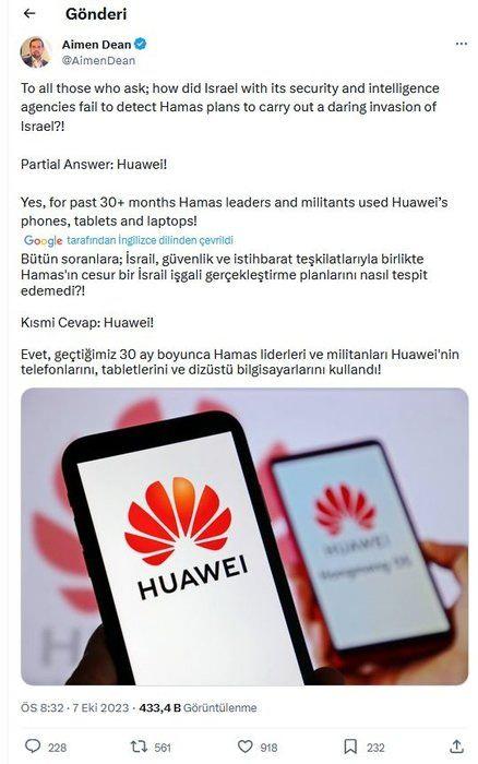 <p><strong>HAMAS OPERASYON ÖNCESİ 'HUAWEI' Mİ KULLANDI? </strong></p>

<p><strong>Aimen Dean adlı eski bir MI6 ajanı X'te şu paylaşımı yaptı: </strong></p>

<p>"Soranlara; İsrail, güvenlik ve istihbarat kurumlarıyla Hamas'ın İsrail'e karşı cüretkar bir işgal gerçekleştirme planlarını nasıl fark edemedi?</p>

<p><strong>Kısmi Cevap:</strong> Huawei!</p>

<p>Evet, son 30 ayı aşkın süredir Hamas liderleri ve militanları Huawei'nin telefonlarını, tabletlerini ve dizüstü bilgisayarlarını kullandı!"</p>
